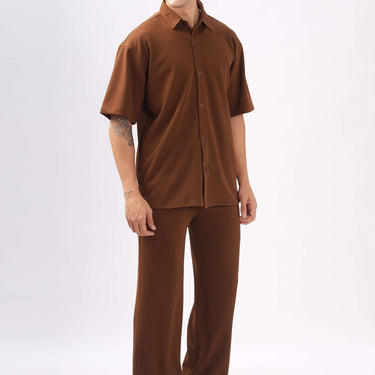 Solid Cotton Blend Oversized Shirt                     ( Brown )