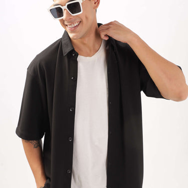 Solid Cotton Blend Oversized Shirt         ( Black )