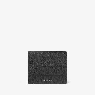 Black wallet with a brand logo on a white background