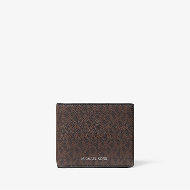 Brown wallet with Michael Kors logo on a white background