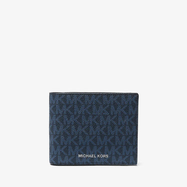Navy blue wallet with brand logo on a white background