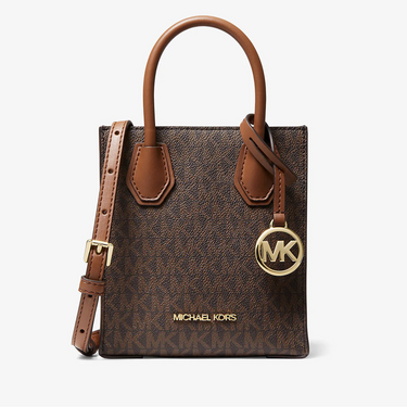 Brown handbag with gold accents and Michael Kors logo on a white background