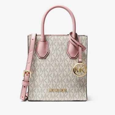 Designer handbag with pink accents and gold logo on a white background