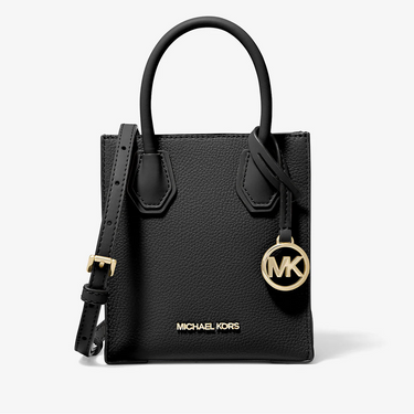 Black handbag with gold accents and Michael Kors logo on a white background