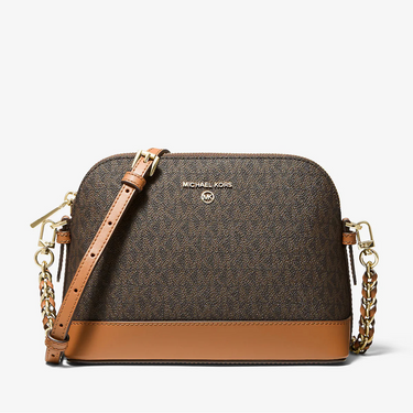 Brown crossbody bag with tan accents on a white background