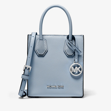 Light blue handbag with a brand logo on a white background