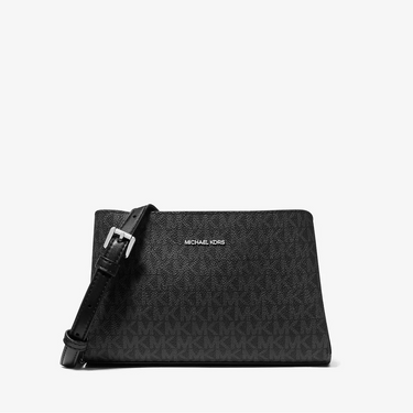 Black clutch bag with a strap on a white background