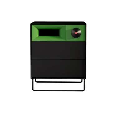 A modern black and green cabinet with a geometric design, featuring a green top panel with a recessed rectangular panel and a circular black accent with a red center, supported by a thin black metal frame.