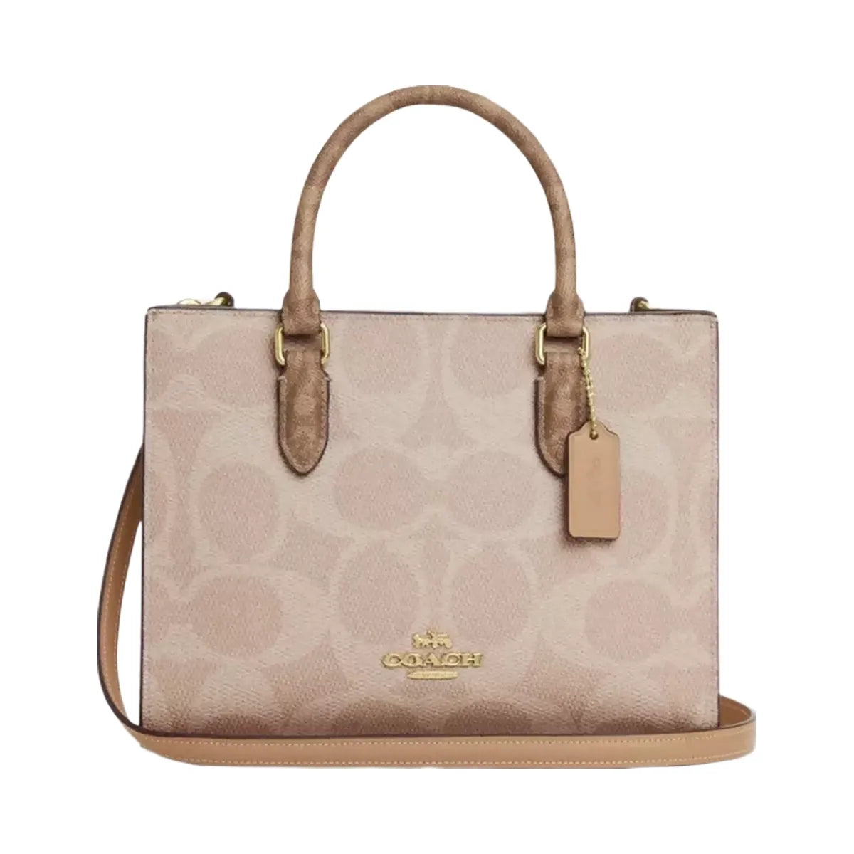Coach Maggie Small Tote Bag In Blocked Signature Canvas in Gold Sand Tan