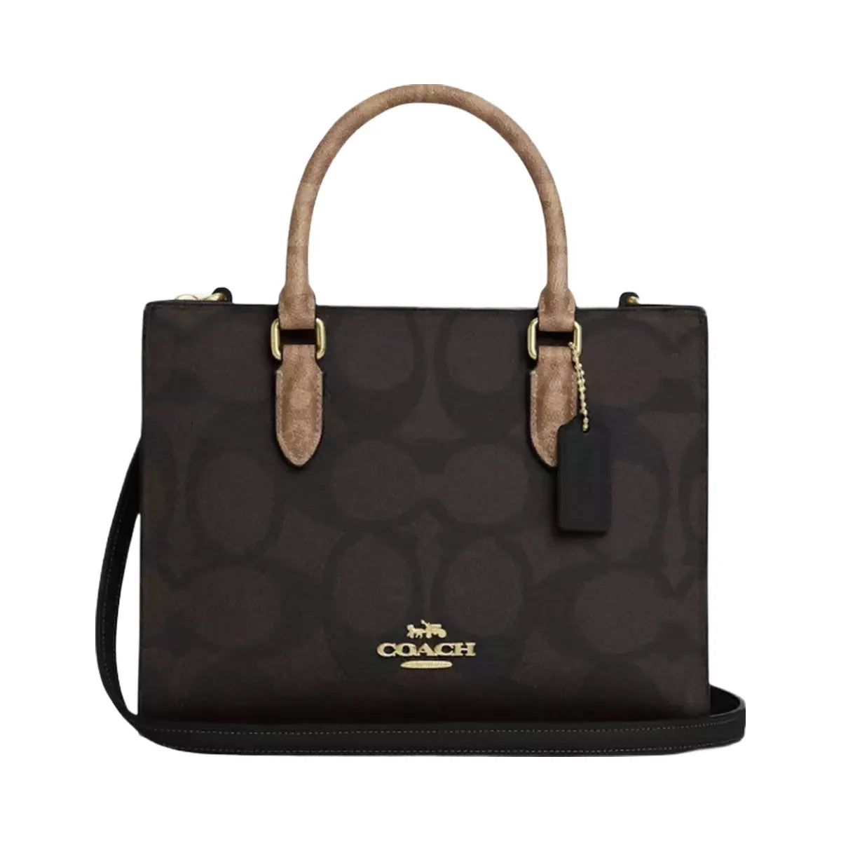 Coach Maggie Small Tote Bag In Blocked Signature Canvas in Gold Walnut Tan