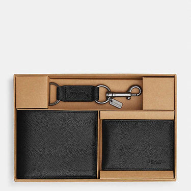Coach Boxed 3 In 1 Wallet Gift Set Pebbled Leather-Black