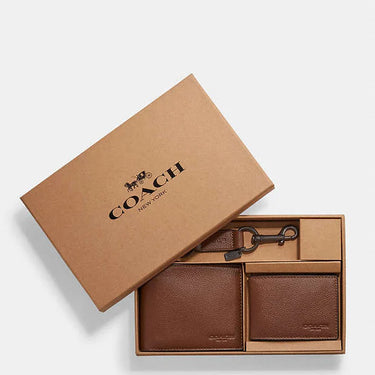 Coach Boxed 3 In 1 Wallet Gift Set Pebbled Leather-Dark Saddle