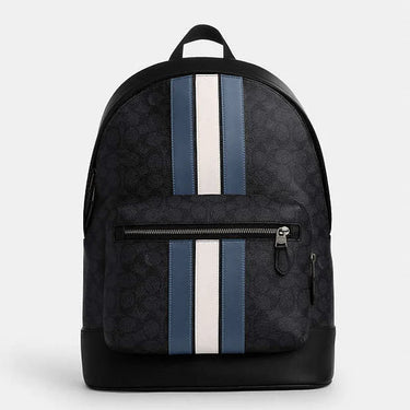 Coach West Backpack In Signature Canvas With Varsity Stripe Signature Canvas-Gunmetal-Charcoal-Denim-Chalk