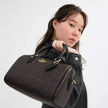 Coach Rowan Satchel Bag In Signature Canvas Signature Canvas-Gold-Walnut-Black