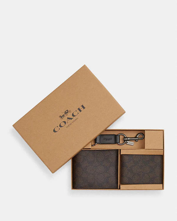 Coach Boxed 3 In 1 Wallet Gift Set In Signature Canvas Signature Canvas-Qb-Walnut-Black