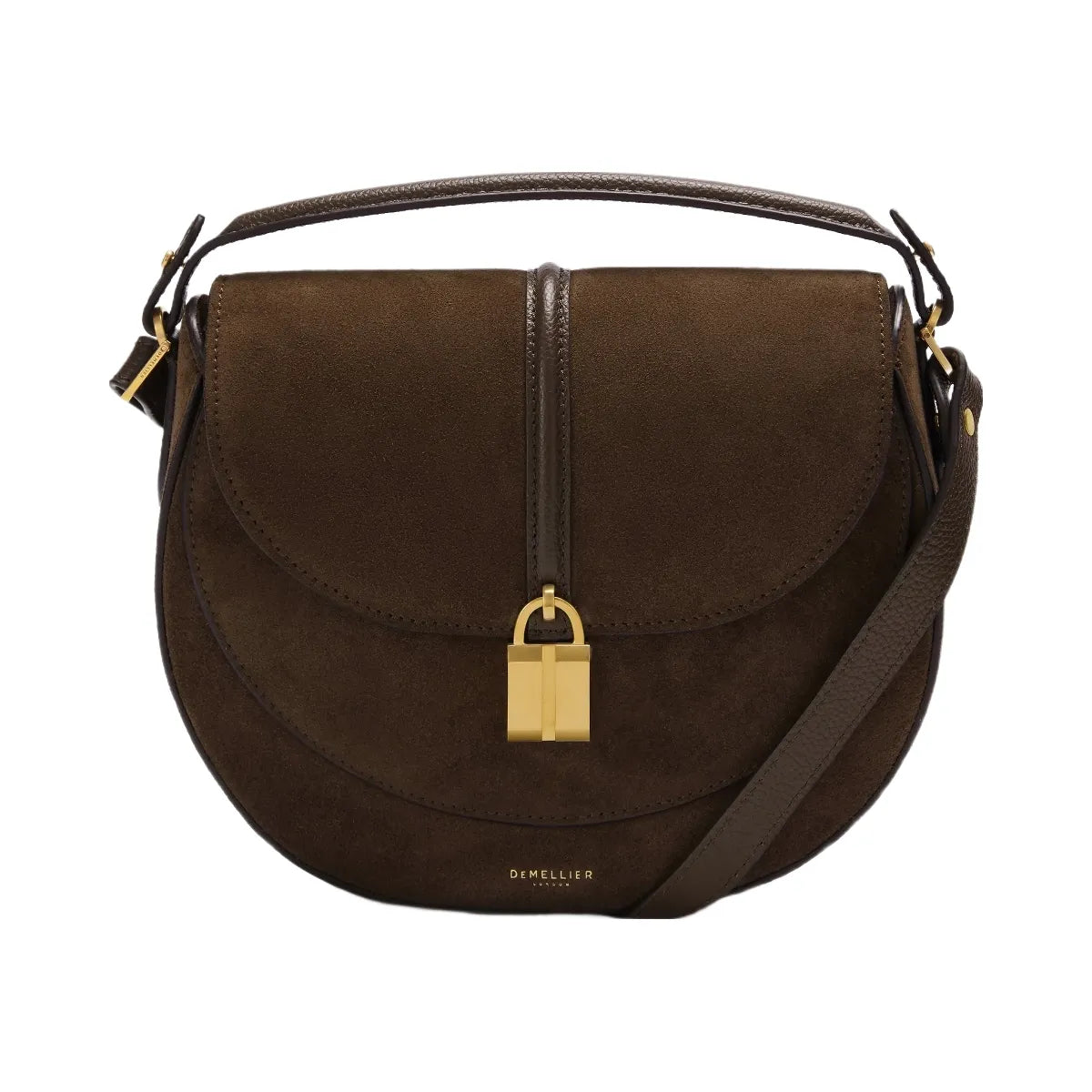DeMellier The Siena Saddle mocha suede & mocha small grain