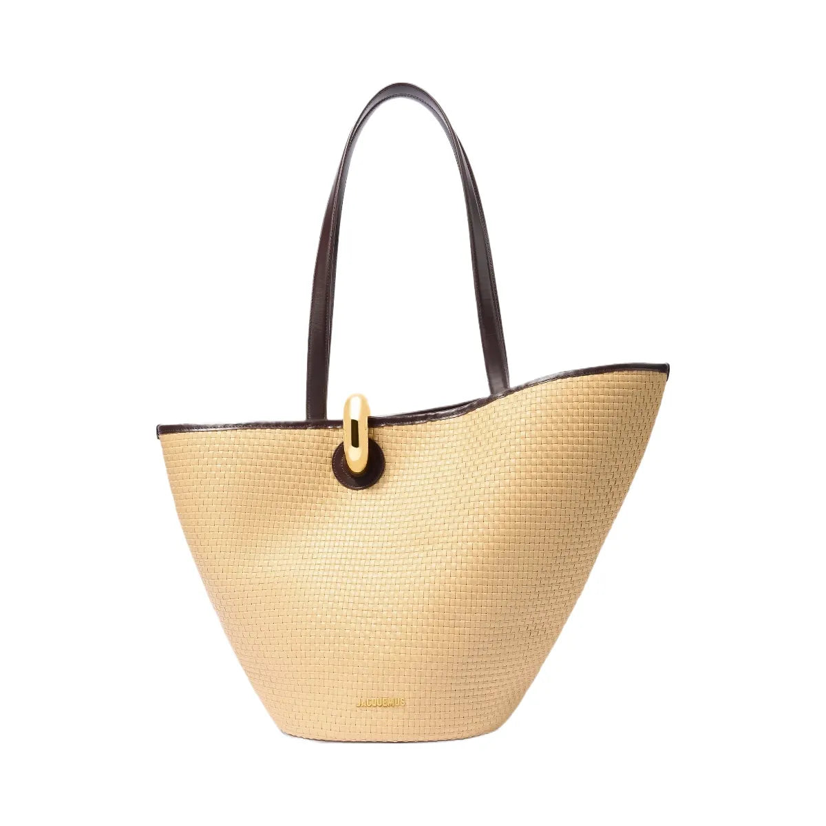 Jacquemus The Bambola Asymmetric Bucket Bag In Woven Cotton With Smooth Leather Trim Natural / Dark Brown