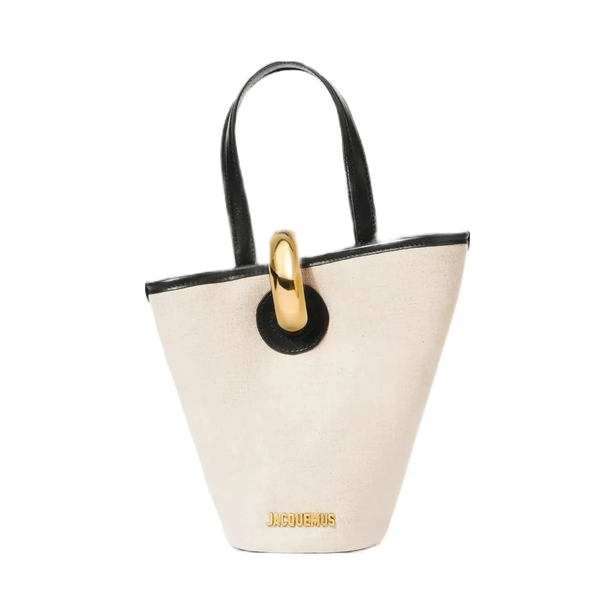Jacquemus The Small Bambola Asymmetric Bucket Bag In Linen And Smooth Leather Light Greige/Black