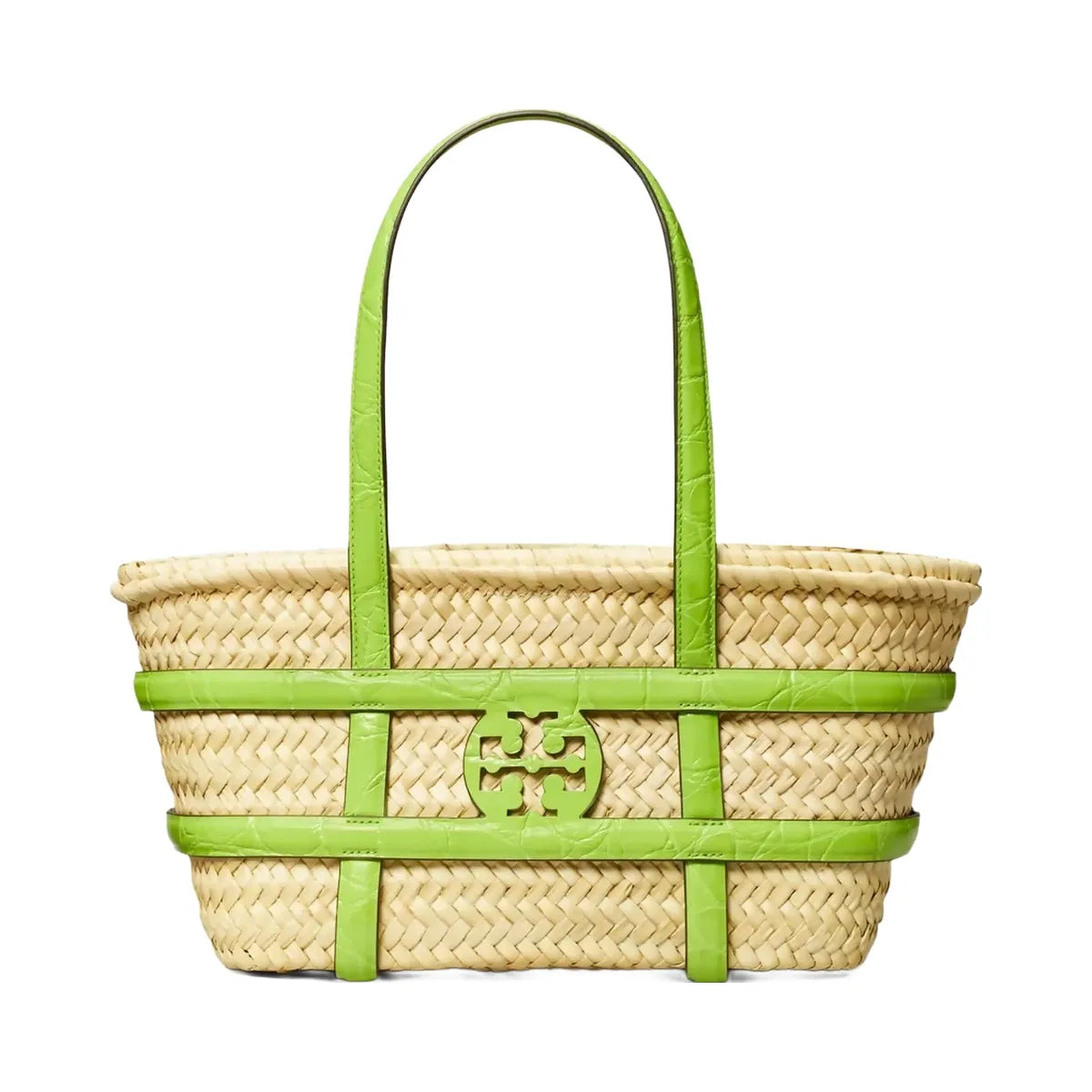 Tory Burch Small Ella Croc-Embossed Straw Basket Bright Fern
