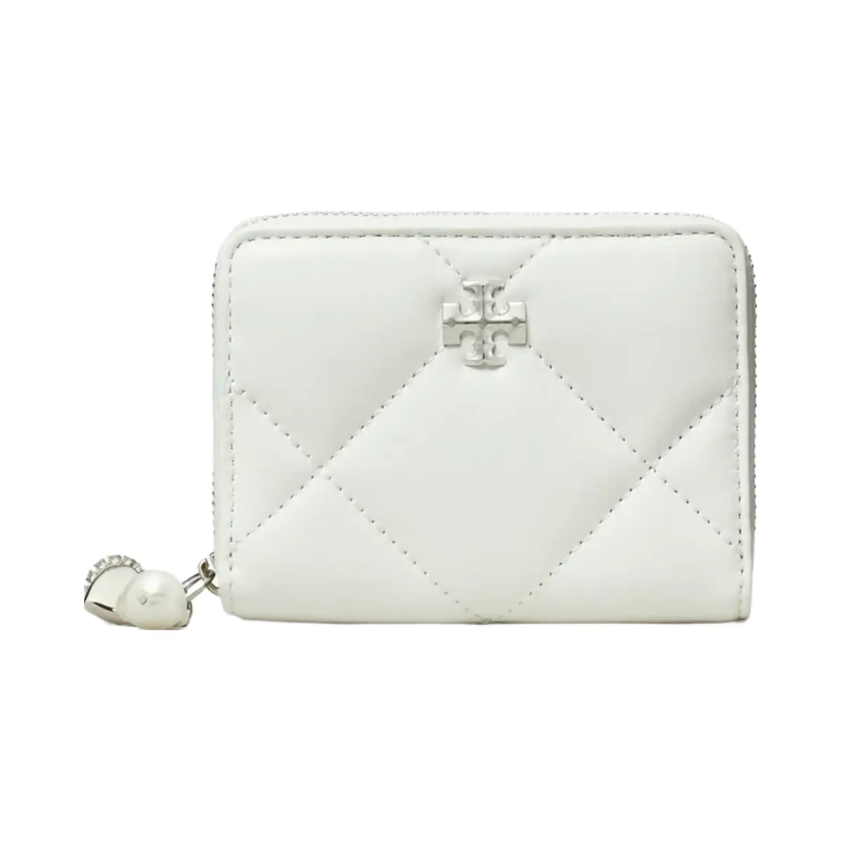 Tory Burch Small Kira Diamond Quilt Distressed Charm Zip-Around Wallet Blanc