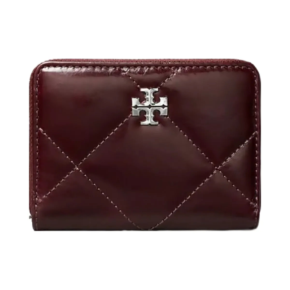 Tory Burch Small Kira Diamond Quilt Distressed Zip-Around Wallet Dark Carmine