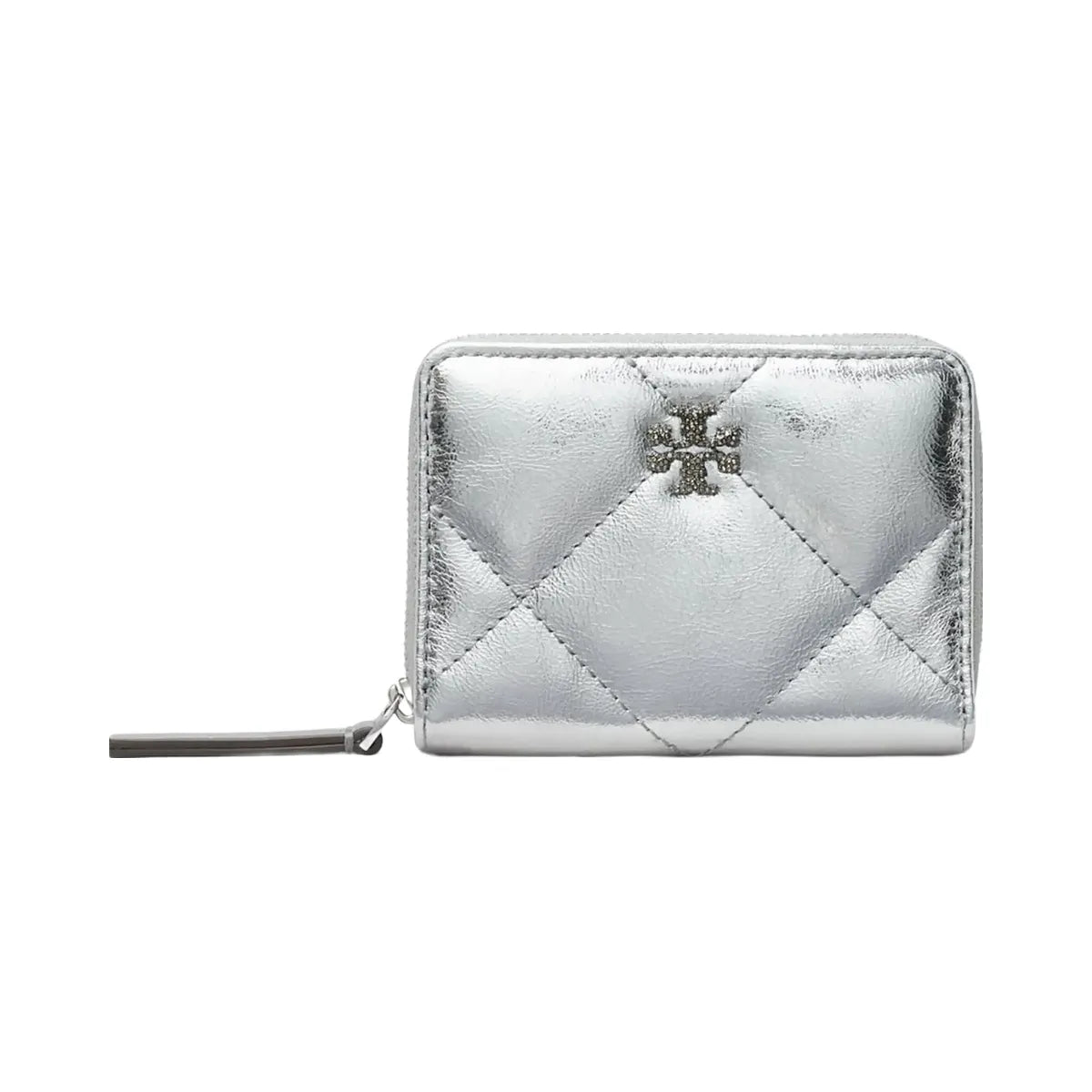Tory Burch Small Kira Diamond Quilt Metallic Zip-Around Wallet Silver