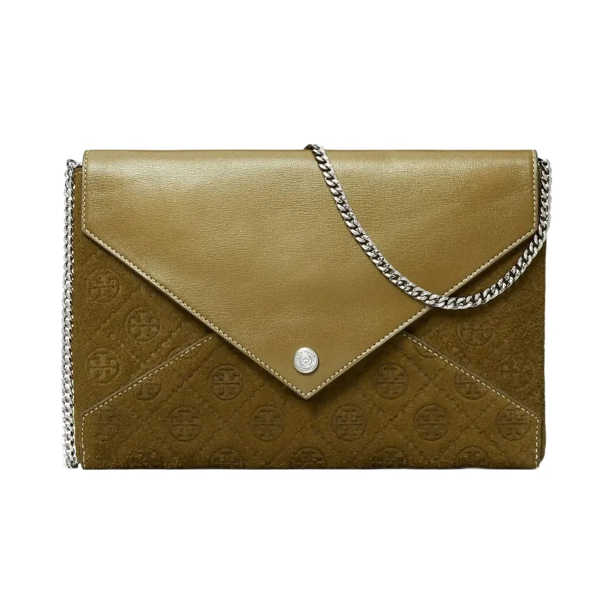 Tory Burch T Monogram Suede Envelope Chain Pouch Deep Olive